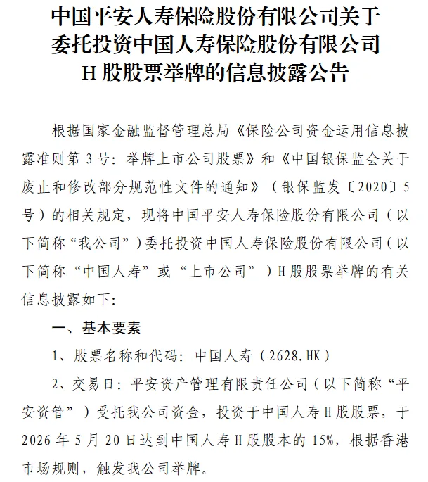 持股15%！平安人寿第三次举牌中国人寿H股