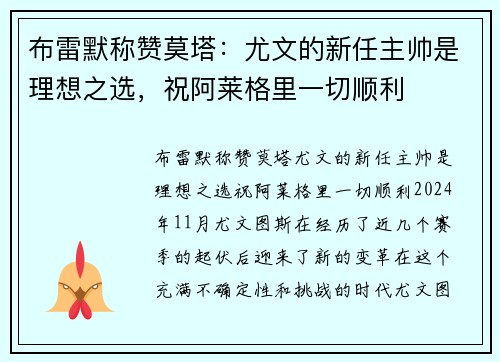 布雷默称赞莫塔：尤文的新任主帅是理想之选，祝阿莱格里一切顺利