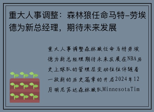 重大人事调整：森林狼任命马特-劳埃德为新总经理，期待未来发展